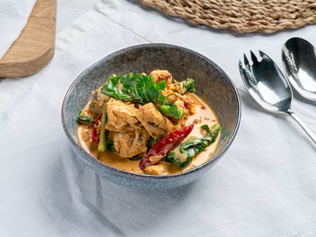 Red coconut curry of BBQ Chicken, ginger,  and gai lan