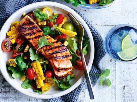 Cajun Salmon with Corn Salsa & Roast Potato