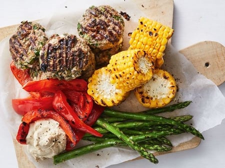 Feta & Mint Beef patties with Roasted vegies and hummus.