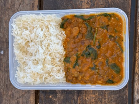 Vegan Lentil and Spinach Dahl with rice