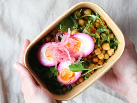 Beetroot Pickled Eggs w/ Green Chermoula Chickpea Salad