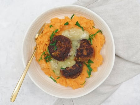 Rissoles with sweet potato mash and gravy