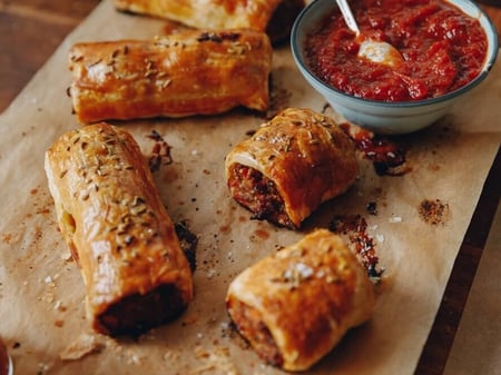 Pork and Fennel Sausage Rolls with Tomato Relish