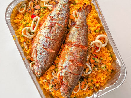 Whole Slow Roast Market Fish on Bed of Paella