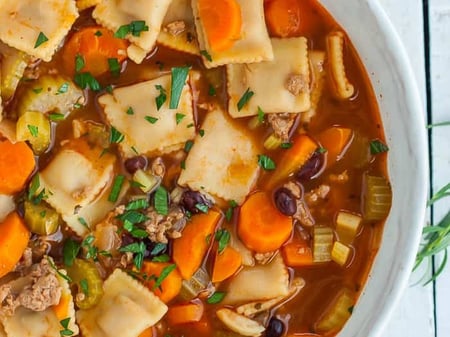 Vegetable Soup with Beef Raviolini