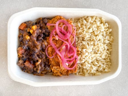 Pulled achiote pork shoulder, black beans, pickled onions, brown rice