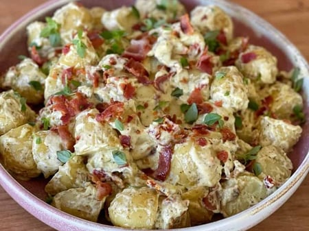 Roast Red Chat Potato, Parmesan and Bacon Salad w/ Sweet Mustard Dressing