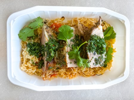 Slow cooked Lamb shoulder with tomato rice and chimichurri