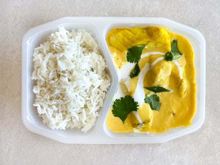 Sri Lankan yellow fish curry, green beans, sweet potatoes with basmati rice