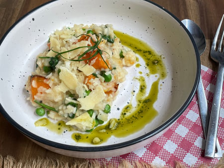 Roast Pumpkin, Pea & Spinach Risotto (GF, V)