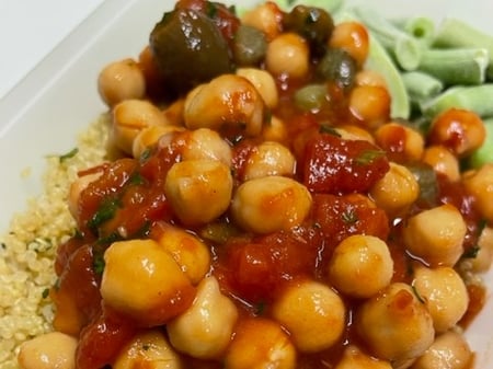 Chickpea Cacciatore with Brown Rice, Green Beans and Roasted Slivered Almonds