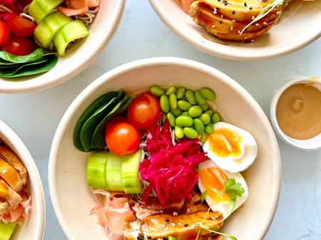 Teriyaki chicken poke bowl, soba noodles, edamame beans, miso ginger dressing