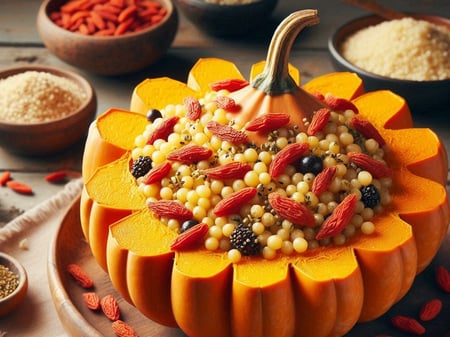 Baked Pumpkin w Pearl Cous Cous, Goji Berries