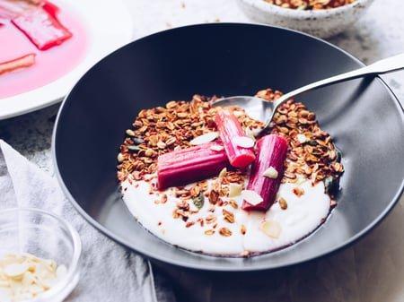 Rhubarb & Pear Rice Pudding with Crunchy Granola