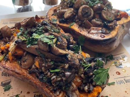 Roasted Butternut Pumpkin stuffed with Mushrooms.