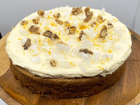 Carrot, walnut, all spice whole cake, vanilla cream cheese frosting
