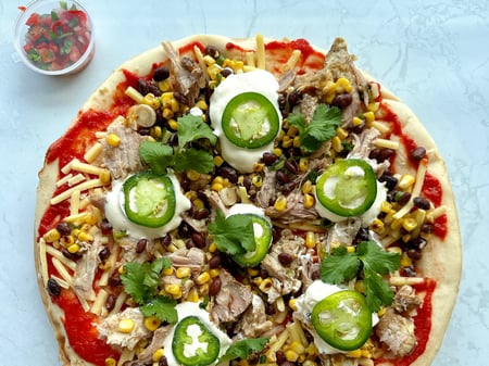 *Mexican Pizza with pulled pork, corn, blackbean and pico de galo