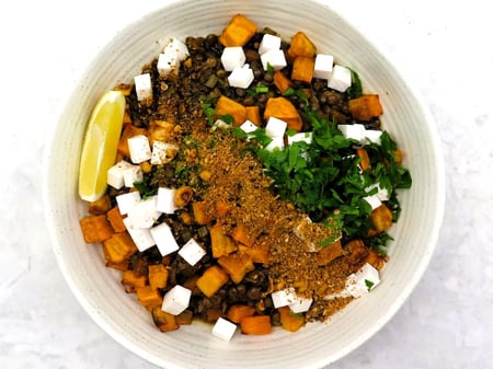 Roasted sweet potato puy lentils