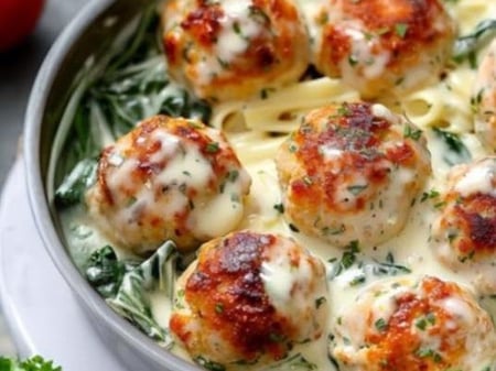 Chicken Meatballs in Spinach Alfredo sauce