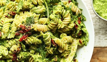 GLUTEN FREE Pasta with Broccoli and Almond Pesto, Semi Dried Tomatoes and Rocket