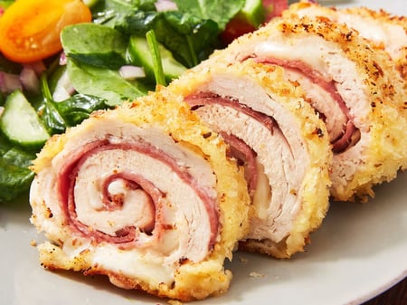 Chicken Cordon Bleu with green salad