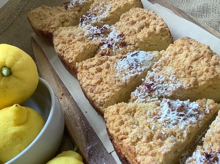 Belgian Lemon myrtle and lime curd tea cake  with macadamia Crumble