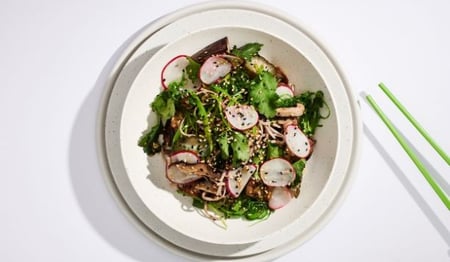 soba noodle salad with miso eggplant, shitake mushrooms, sesame seaweed