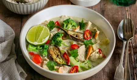 Frozen Thai green chicken curry, broccoli & sweet potato
