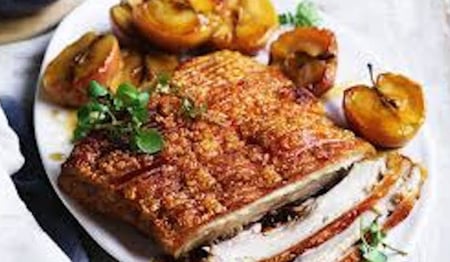 Slow Roast Pork Belly with Crackling, Roast Apples and Rosemary