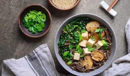 Miso Broth & Soba Noodle with Roasted Tofu, Miso Eggplant & Greens (Vg, DF)