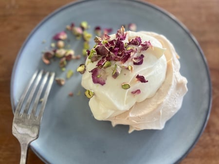 Meringues with Rose Yoghurt Cream & Pistachios