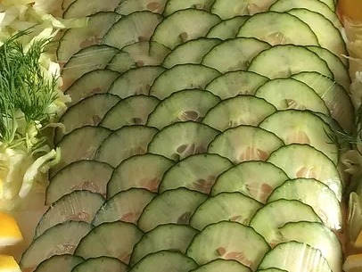 Poached Salmon Fillet, Cucumber Scales, Agrodolce