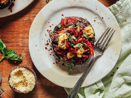 Portobello mushroom, Romesco, basil emulsion