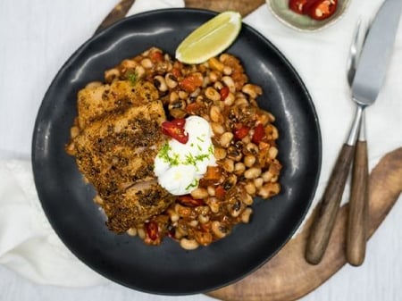 Cajun Spice Fish on Black Eye Bean & Vegetable Ragu