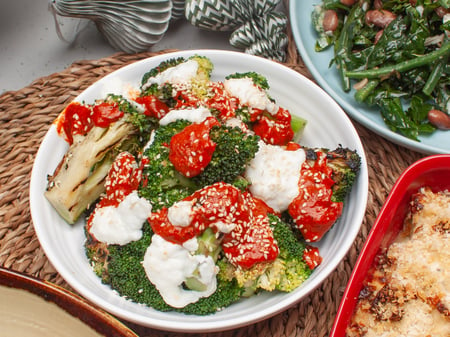 Char-grilled Broccoli, our Harissa, Toum, Sesame Salad