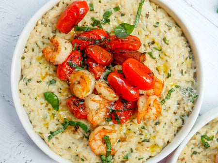 Garlic and Basil Risotto with Prawns and Blistered Cherry Tomatoes
