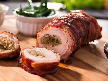 Pancetta Wrapped Roast Turkey Breast with Sage & Onion stuffing