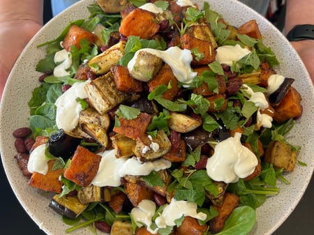 Sweet Potato & Eggplant, Kidney Bean Salad, Tahini Yoghurt Dressing