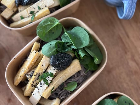 Soba Noodles with Black Sesame Paste, Tofu, Green Onions & Brocolini