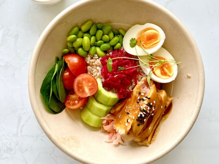 Teriyaki chicken poke bowl, brown rice, edamame beans, miso ginger dressing - GF