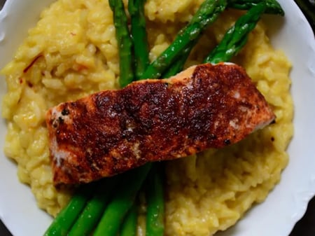 Baked Salmon, Asparagus & Saffron Risotto