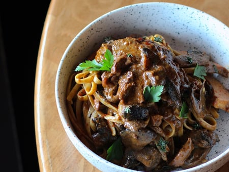 Beef and Mixed Mushroom Stroganoff with Linguini