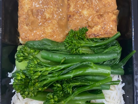 Vegan Tofu Satay with basmati rice & Seasonal Greens