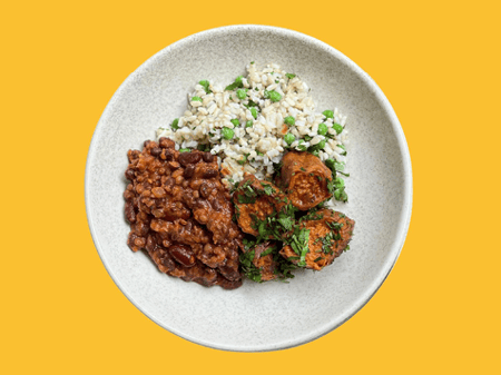 Chili No Carne with brown rice, peas and roast sweet potato