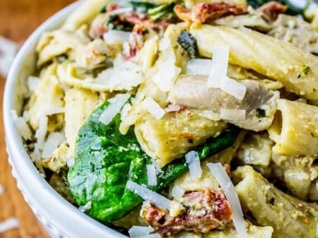 Chicken Pesto Pasta with semi dried tomatoes and fetta