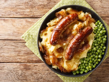 Pork and Fennel Sausages, Mash and Vegetables w/ Onion Gravy