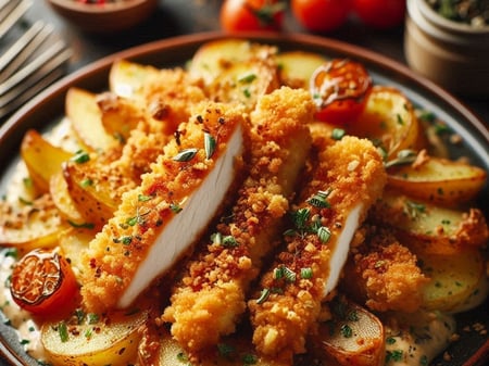 Crumbed Chicken Strips w Potato Casserole