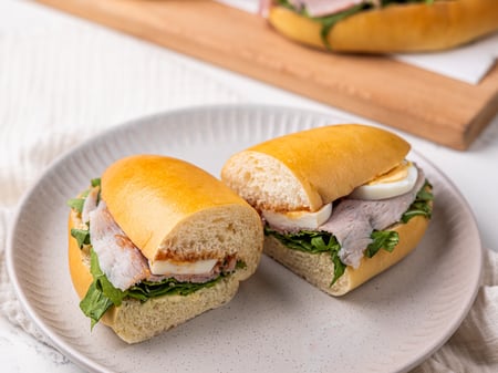 Breakfast Milk Bread Roll – Rocket, Tom Chutney, Ham & Boiled Egg
