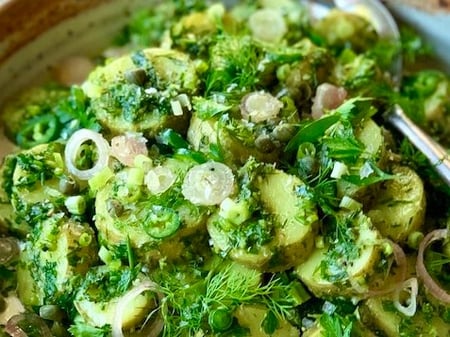 Kipfler potatoes with salsa verde