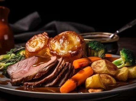 Roast beef with vegetables, roast potato and mustard cream sauce